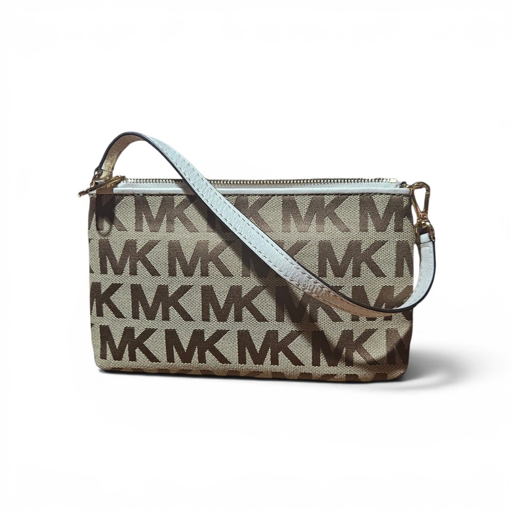 Michael Kors Fulton MK Signature Monogram Wristlet Beige Brown Canvas Gold Tone - Picture 2 of 2